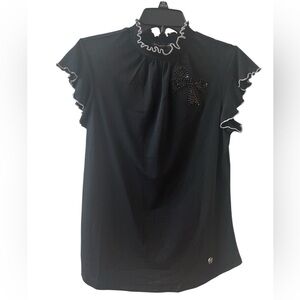 Adrienne Vittadini mock neck lettuce trim woman top